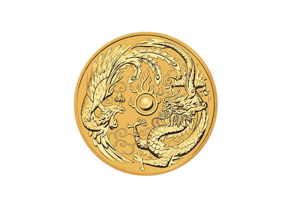 Buy original gold coins Australia 1 oz Dragon and Phoenix 2018 Gold with Bitcoin!