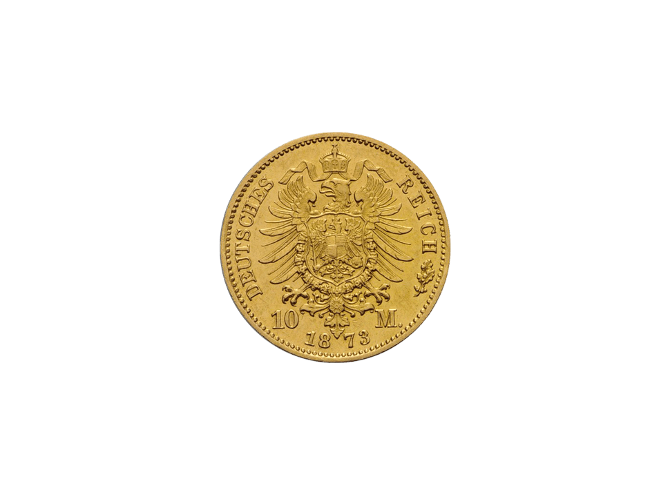 Buy original gold coins Free and Hanseatic City of Hamburg, coat of arms 10 Mark 1873 B with Bitcoin!