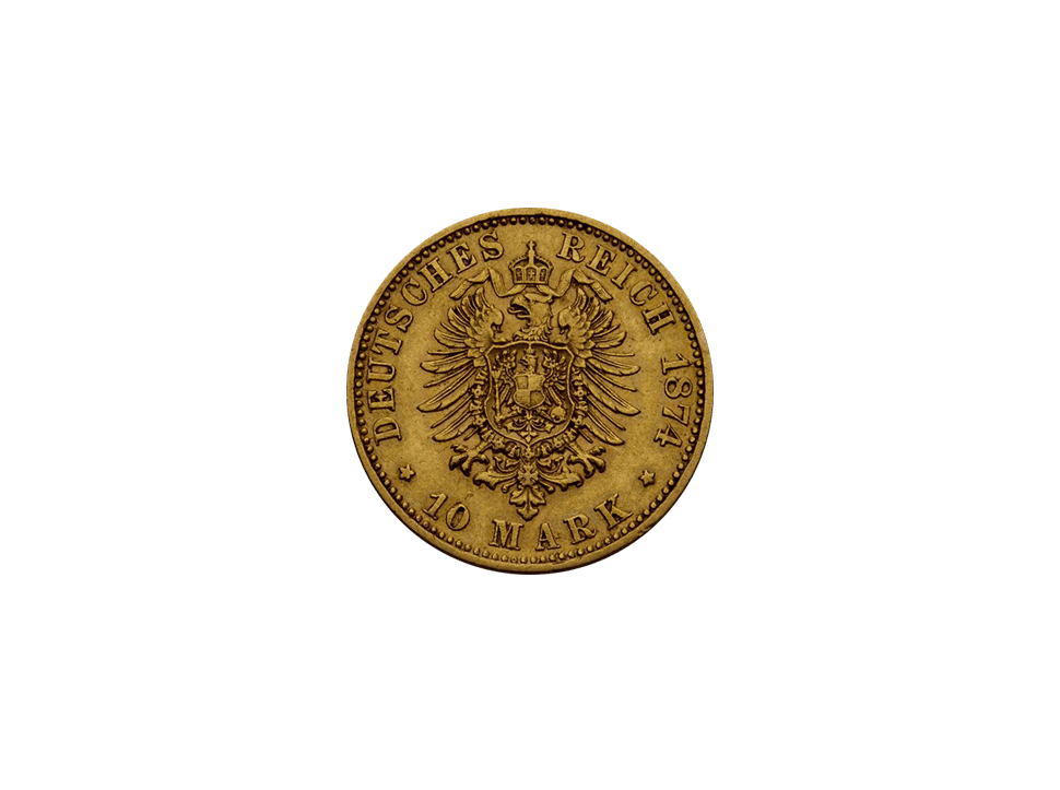 Buy original gold coins Free and Hanseatic City of Hamburg, coat of arms 10 Mark 1874 B with Bitcoin!