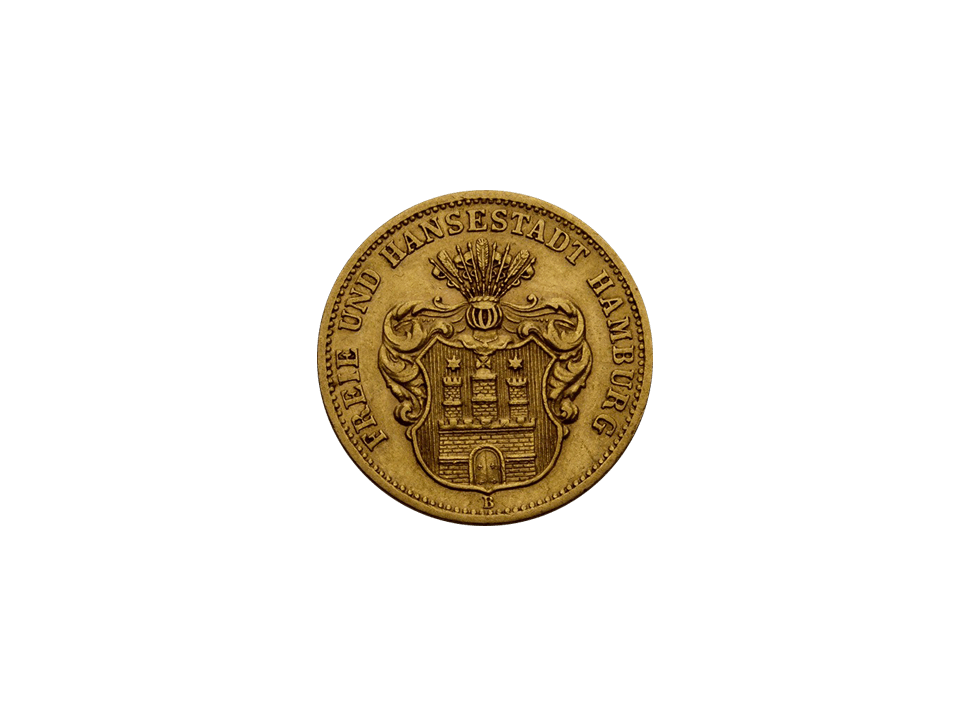 Buy original gold coins Free and Hanseatic City of Hamburg, coat of arms 10 Mark 1874 B with Bitcoin!