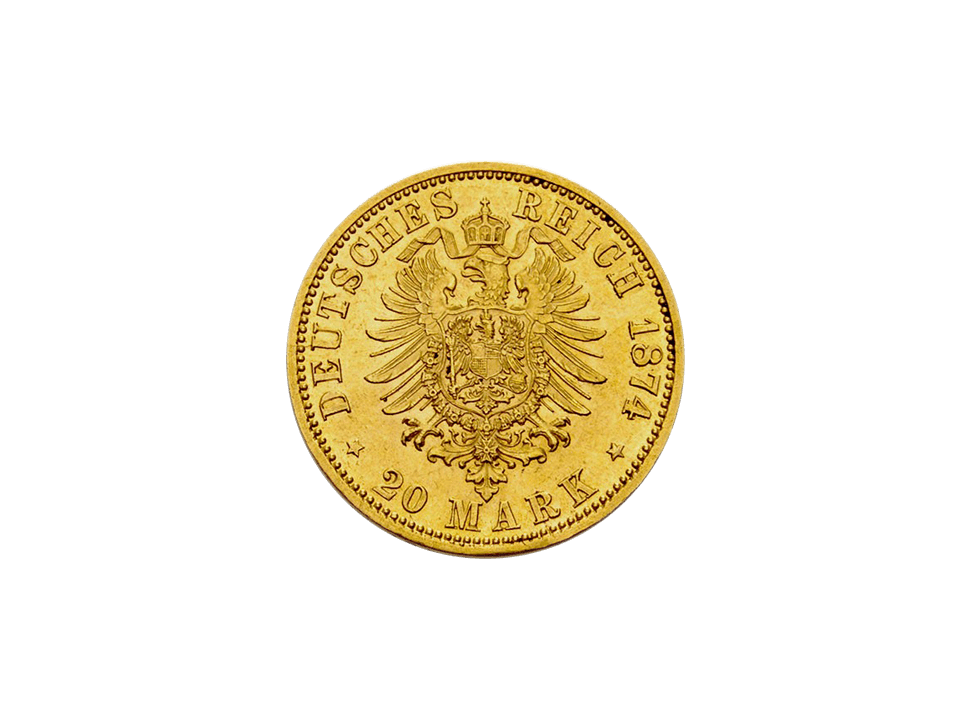 Buy original gold coins Mecklenburg-Strelitz 20 Mark 1874 Friedrich Wilhelm Empire with Bitcoin!