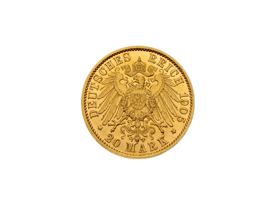 Buy original gold coins Mecklenburg-Strelitz 20 Mark 1905 Adolf Friedrich V German Empire with Bitcoin!