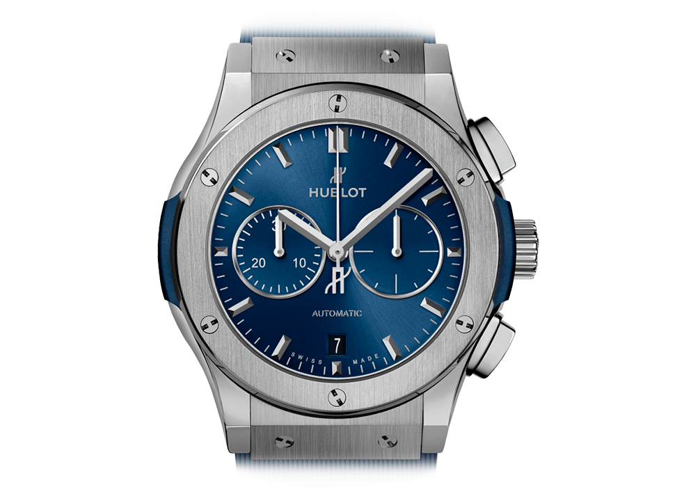 Buy original Hublot Classic Fusion chronograph titanium blue 541.NX.7170.RX with Bitcoin!