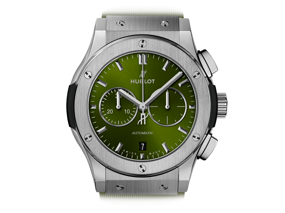 Buy original Hublot Classic Fusion chronograph titanium green 541.NX.8970.RX with Bitcoin!