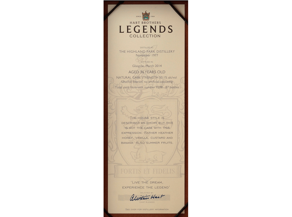 Buy original Whiskey Highland Park 36 Years Hart Brothers The Legends with Bitcoin!